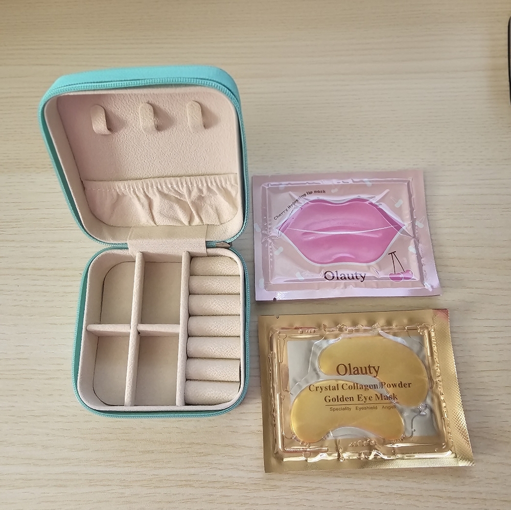 Travel Zip Jewelry Organizer + Lip & Eye Mask Self-Care Bundle – Teal Case